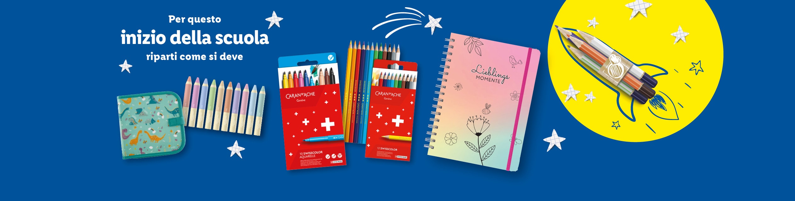 Matite Caran d'Ache, quaderni e astuccio per la scuola.