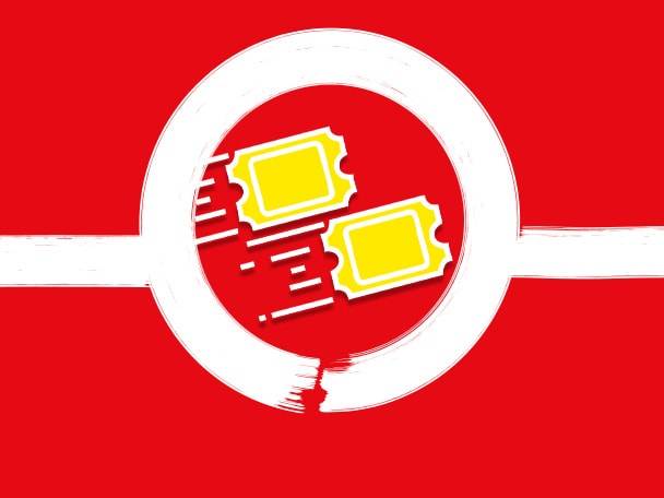 Deux billets jaunes dans un cercle blanc sur fond rouge, avec des lignes de mouvement.