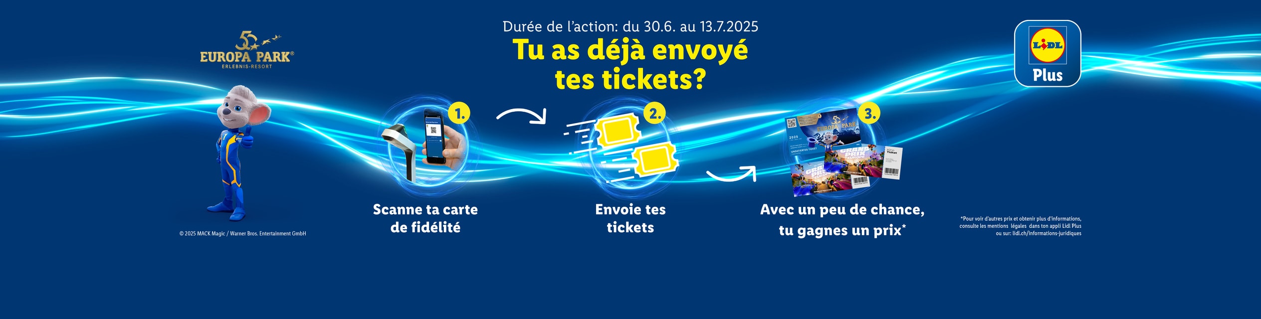 Lidl Plus offre des billets Europa-Park ! Scannez votre carte de fidélité, envoyez vos tickets et gagnez peut-être un prix.