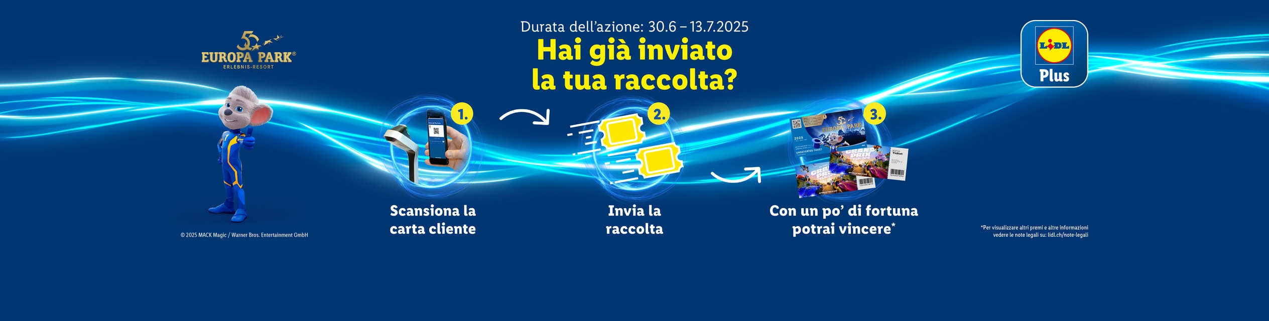 Vinci biglietti per Europa-Park con Lidl Plus! Scansiona la tua carta e invia la tua partecipazione.