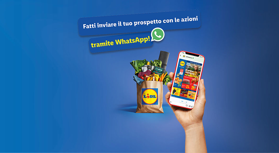 Una mano tiene uno smartphone con pubblicità Lidl, accanto a un sacchetto della spesa pieno.