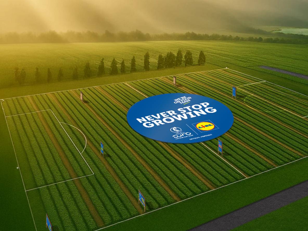 Ein Fußballfeld auf einem Feld mit Lidl-Logo und dem Slogan 'Nie aufhören zu wachsen'.