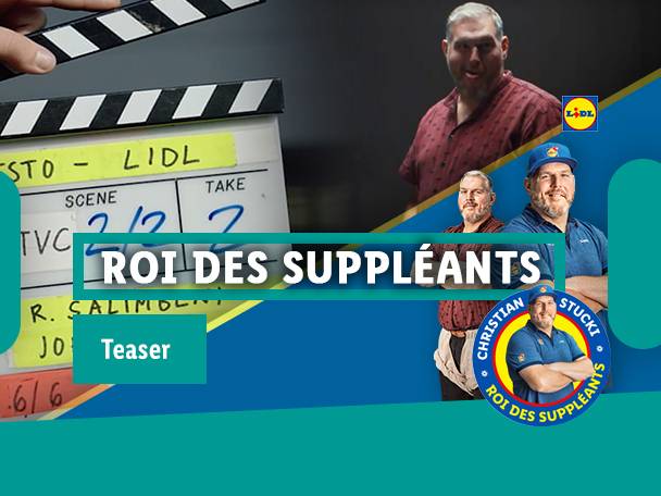 Un clap de cinéma et un homme barbu dans différentes poses, avec l'inscription « ROI DES SUPPLÉANTS ».