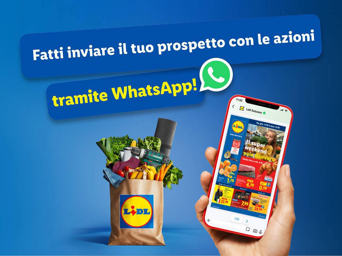 Una borsa Lidl piena di spesa e un telefono che mostra una pubblicità Lidl.