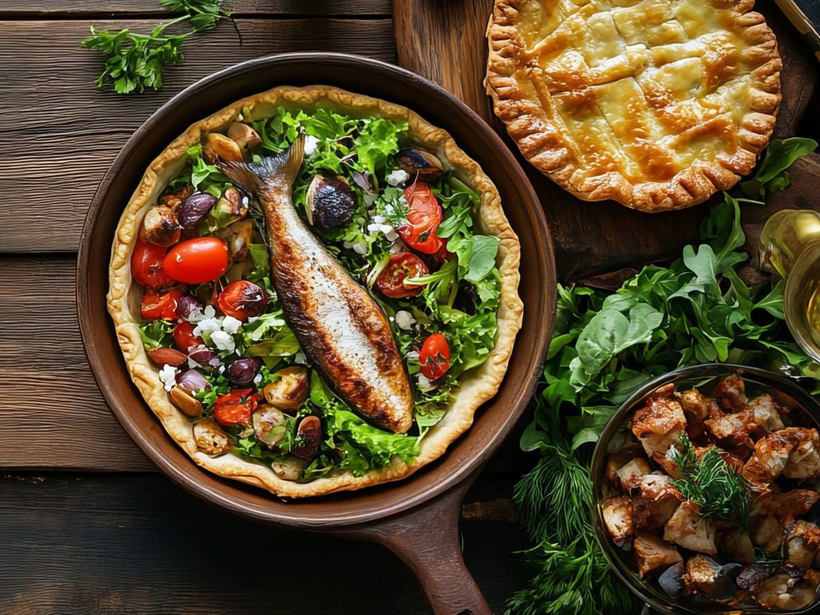 Fisch-Tarte mit Salat, Tomaten und Feta, daneben eine Pastete und Fleischwürfel.