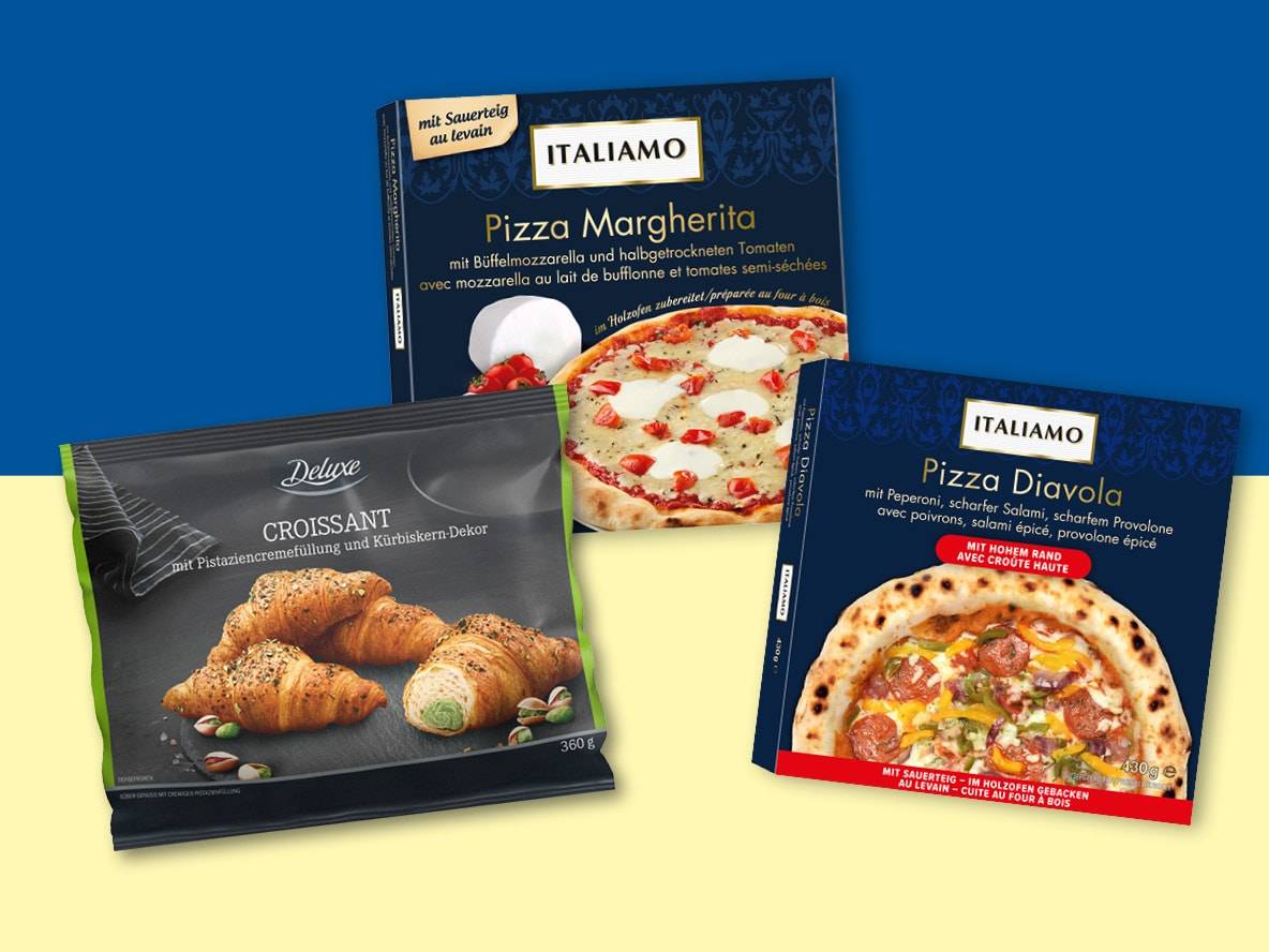 Italiamo Tiefkühlpizzen Margherita und Diavola, sowie Deluxe Croissants mit Pistazienfüllung.