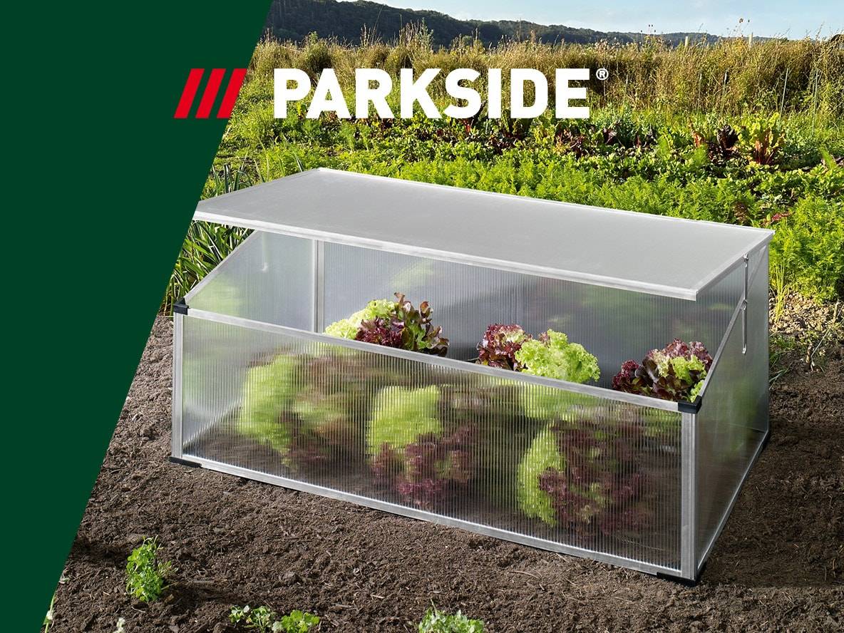 Gartengewächshaus mit geöffnetem Deckel, gefüllt mit grünem und rotem Salat, auf Gartenboden.