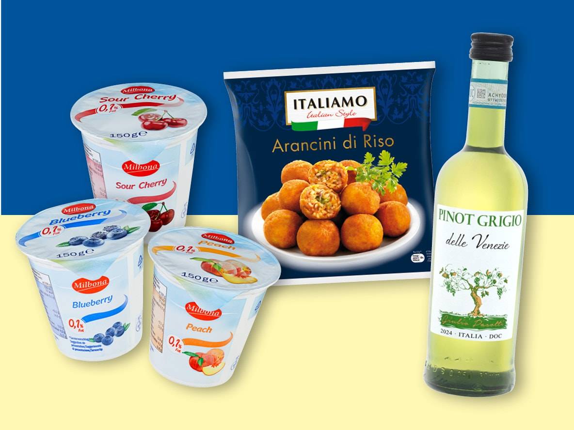 Fruchtjoghurts, Reisbällchen und eine Flasche Weißwein auf blau-gelbem Hintergrund.