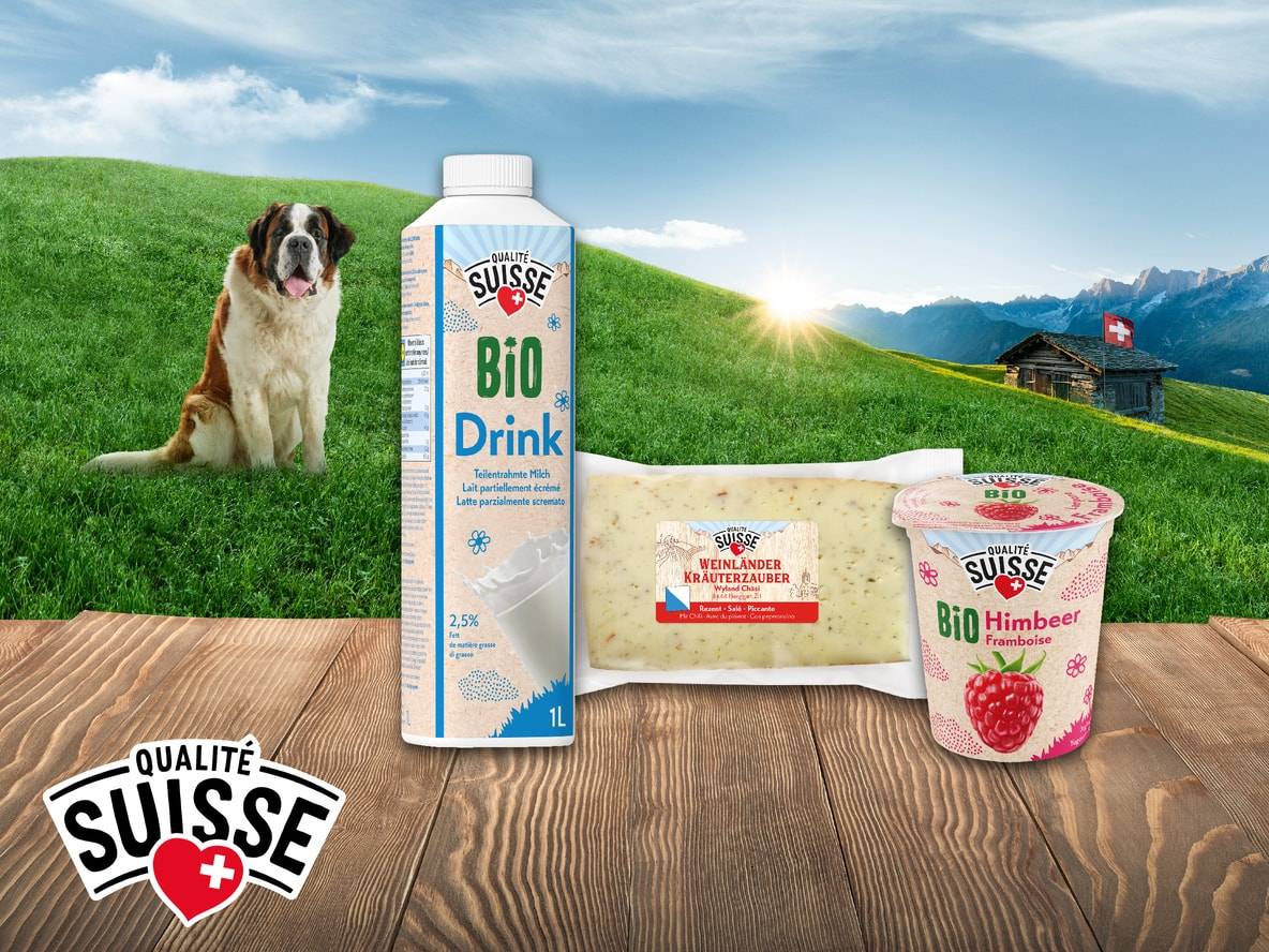 Milchgetränk, Frischkäse und Himbeerjoghurt vor Alpenlandschaft mit Hund.