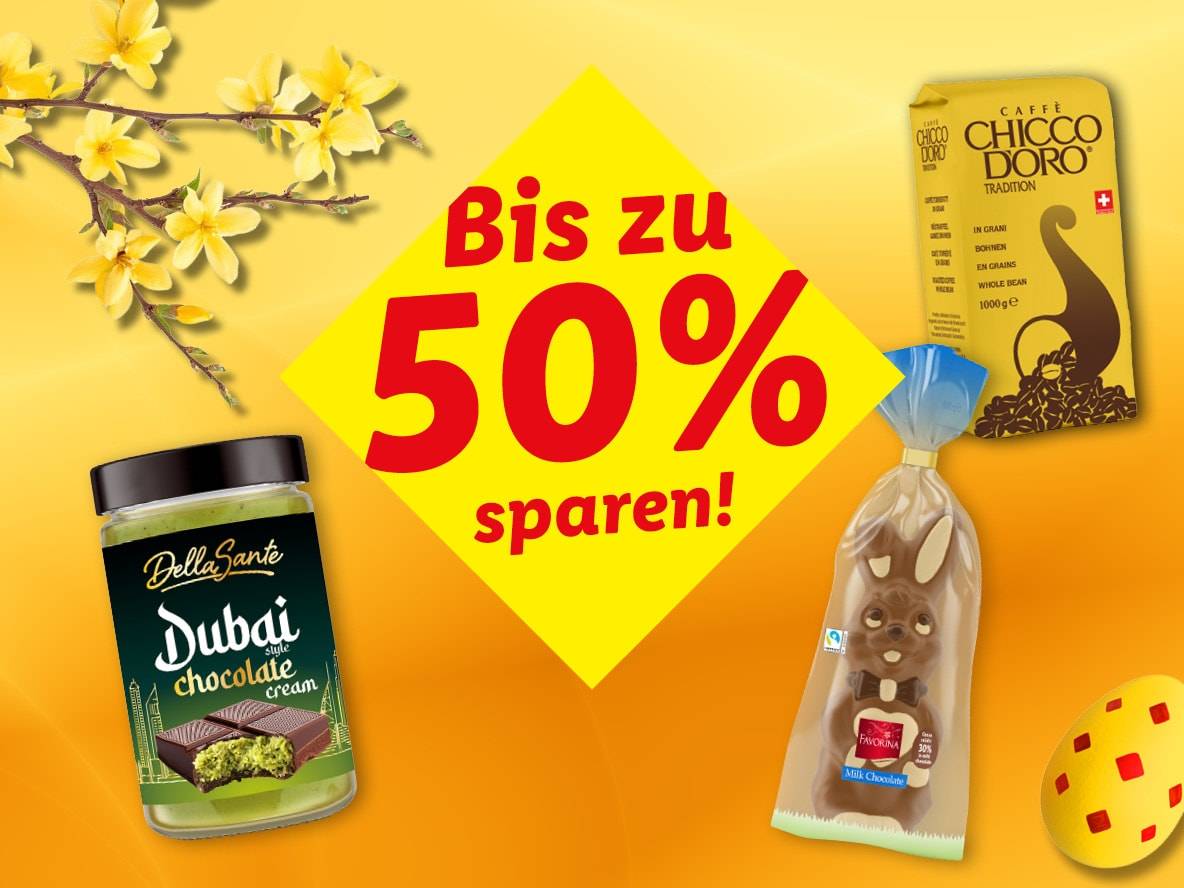 Osteraktion mit bis zu 50% Rabatt auf Schokoladencreme, Kaffee und Schokoladenhase.