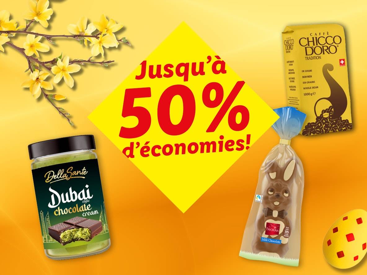 Publicité de Pâques avec une pâte à tartiner au chocolat, un lapin en chocolat, du café et une offre de 50% de réduction.