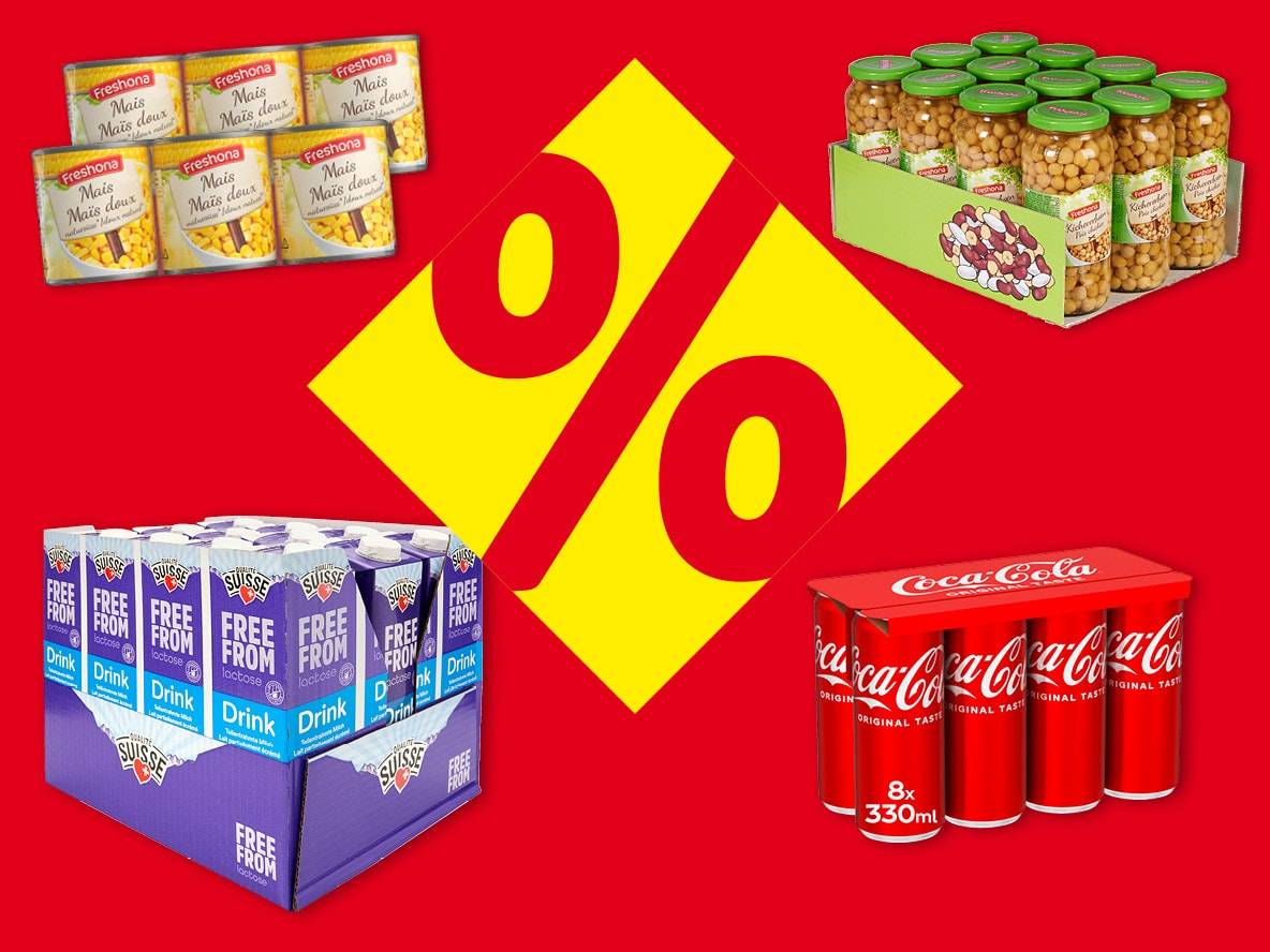 Assortiment de produits d'épicerie, incluant maïs doux, pois chiches, boissons sans lactose et sodas, avec un grand symbole de pourcentage.