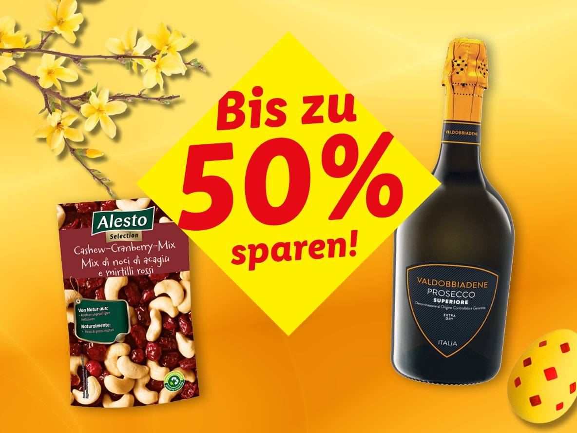 Werbebild mit Cashew-Cranberry-Mix und Prosecco, mit bis zu 50% Rabatt.