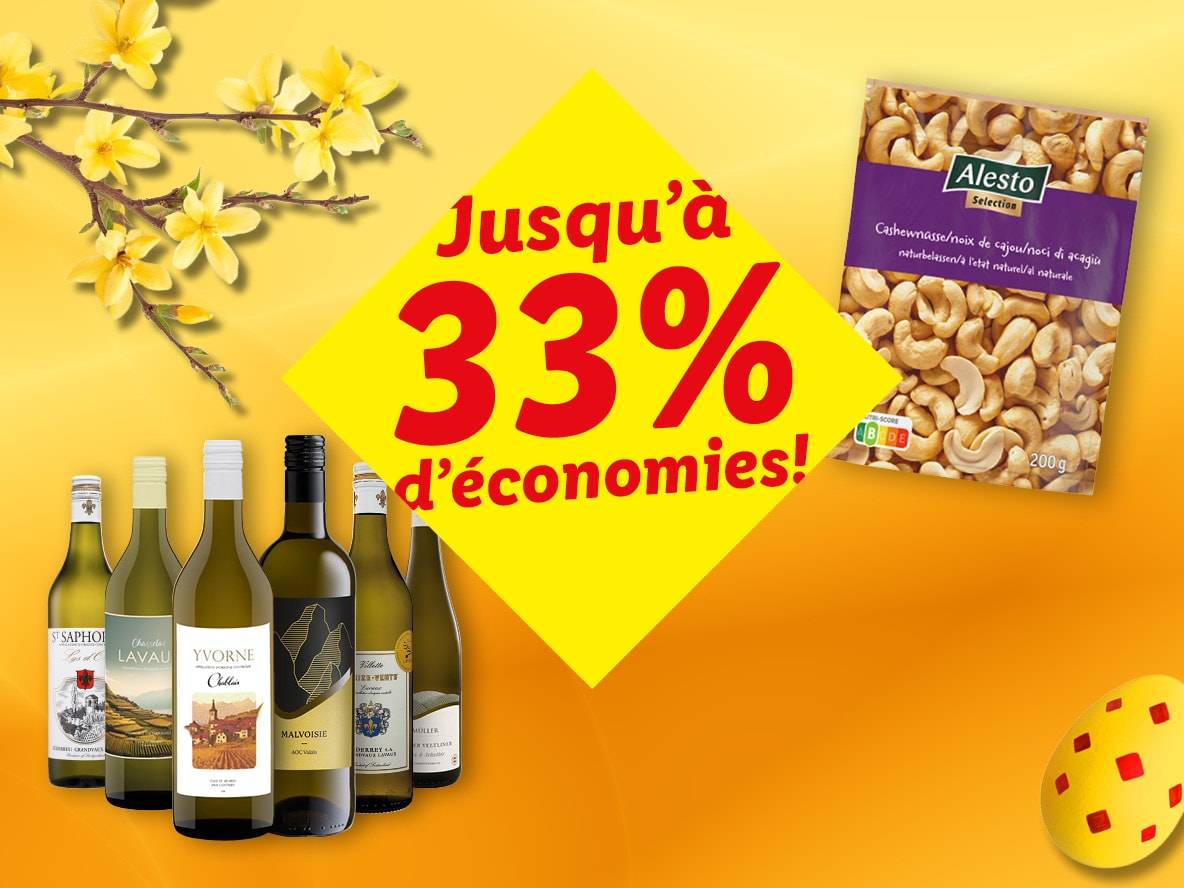 Vins blancs et noix de cajou avec jusqu'à 33% de réduction sur fond jaune avec des fleurs et un œuf de Pâques.