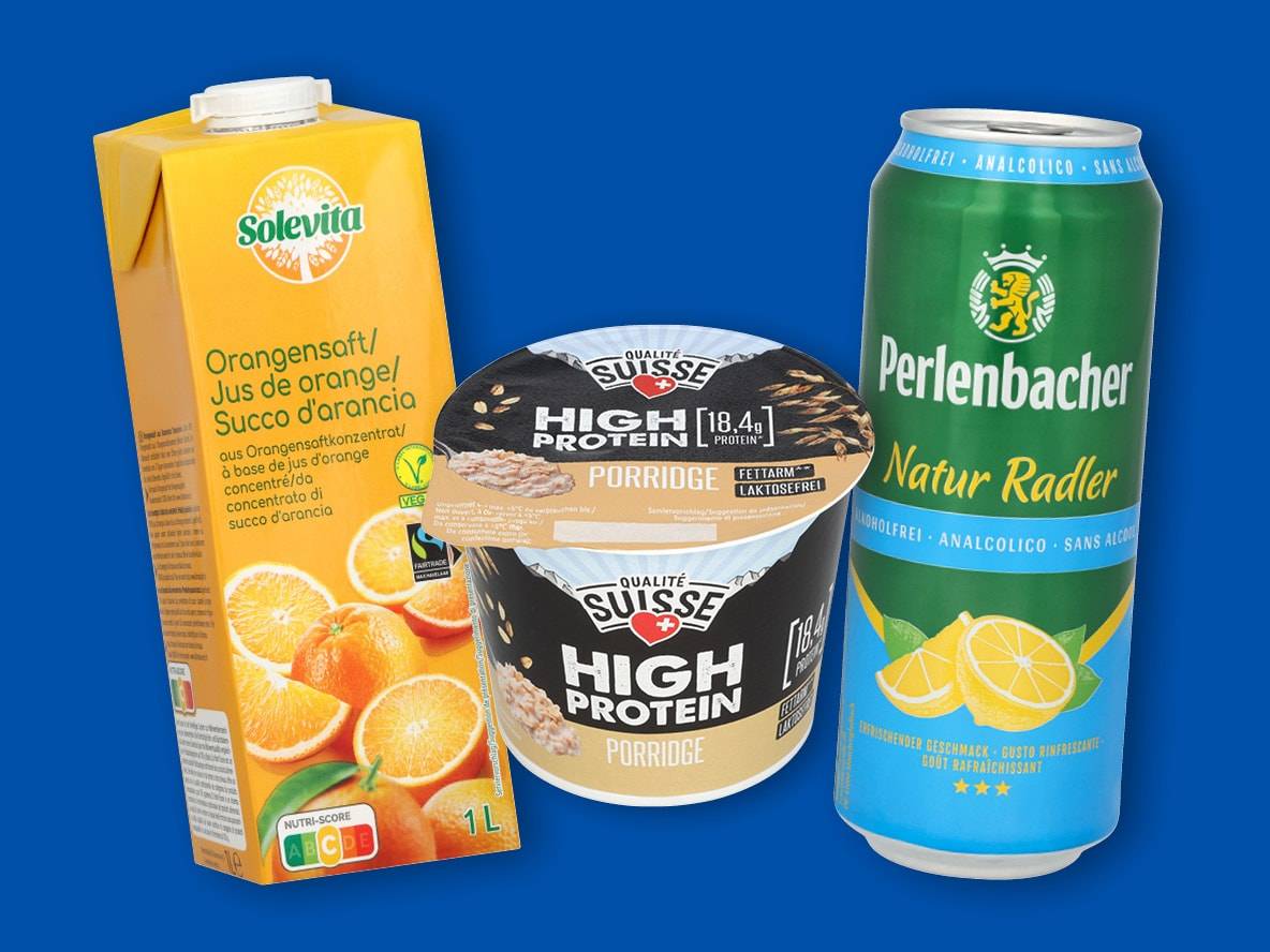 Jus d'orange, porridge hyperprotéiné et radler sans alcool au citron.