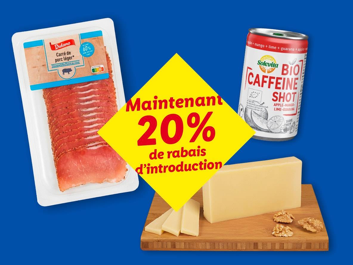 Viande de porc tranchée, boisson énergisante et fromage avec une offre de 20% de réduction.