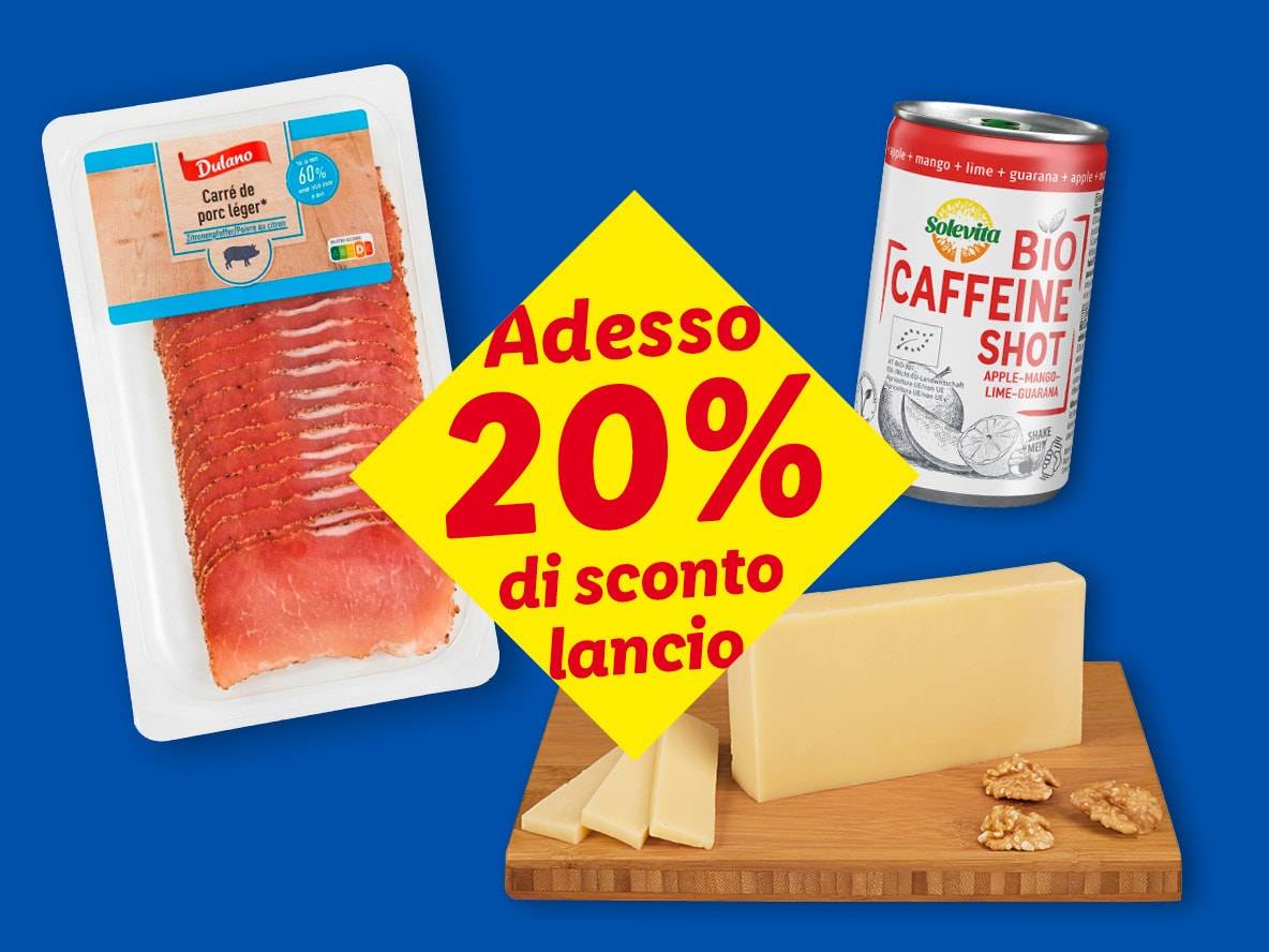 Confezione di carne di maiale affettata, bevanda energetica e formaggio con noci, con uno sconto del 20%.