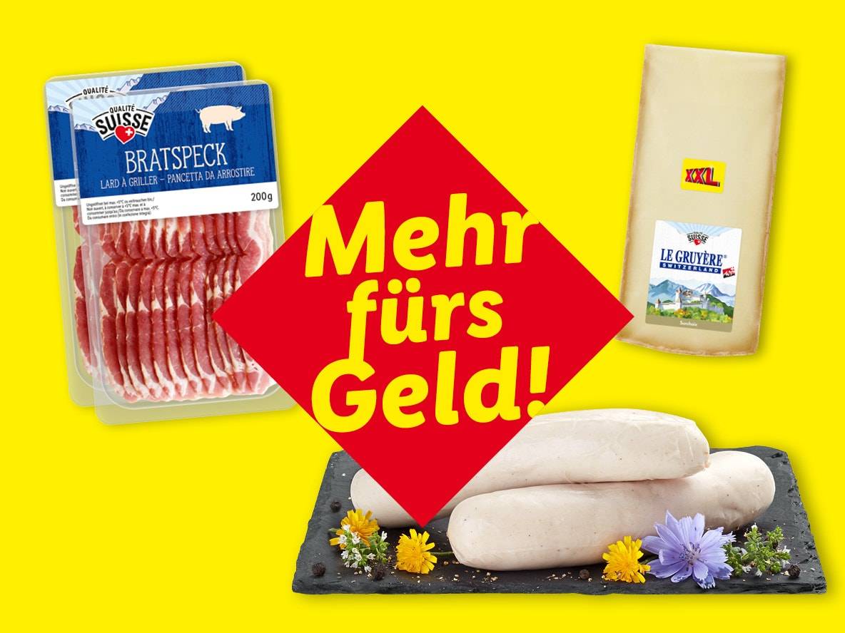 Bratenspeck, Käse und Würste mit dem Text „Mehr fürs Geld!“ auf gelbem Hintergrund.