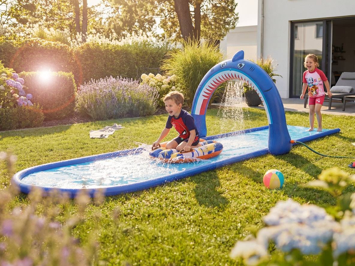 Kinder spielen mit einer aufblasbaren Hai-Wasserrutsche in einem sonnigen Garten.