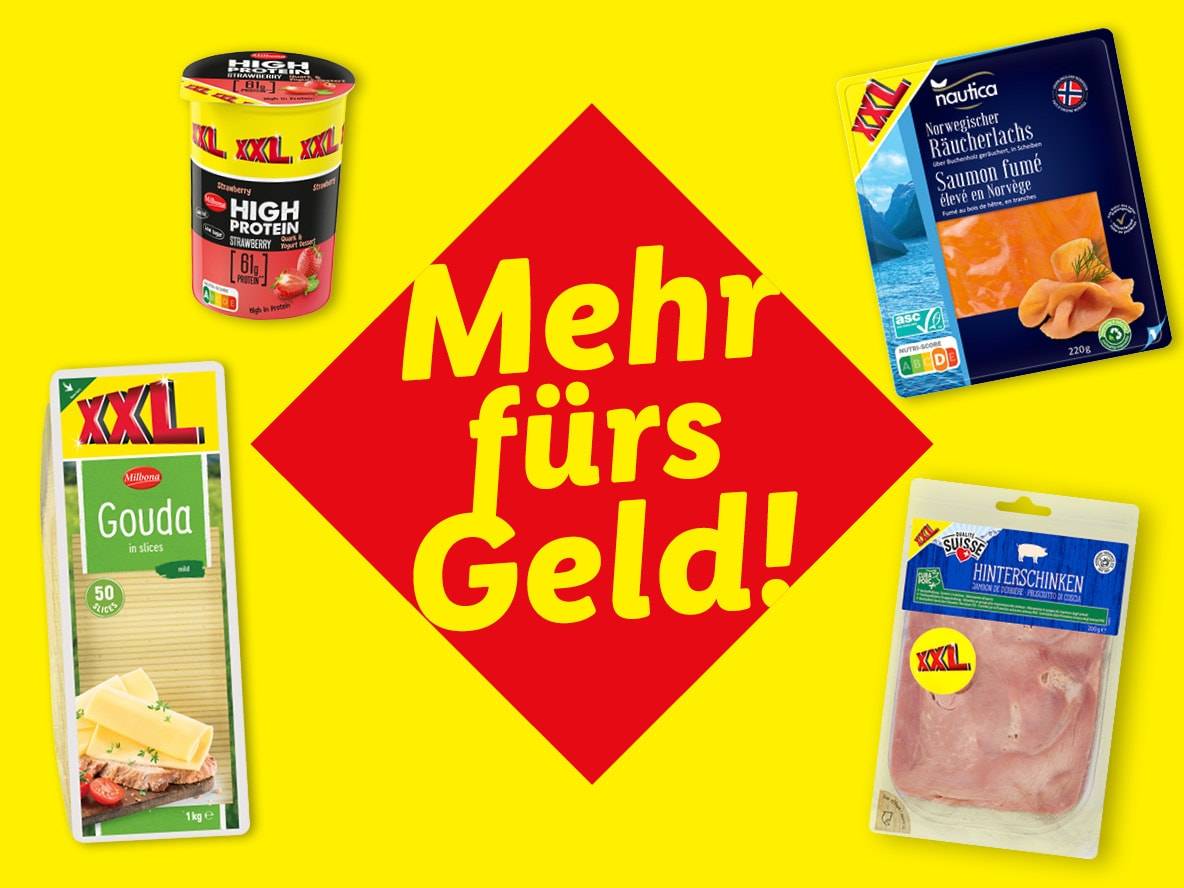 Protein-Joghurt, Gouda, Räucherlachs und Schinken mit dem Text „Mehr fürs Geld!“