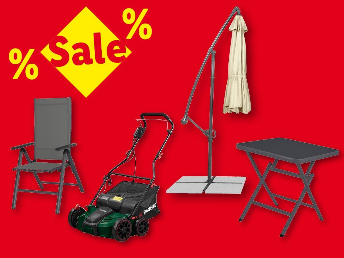 Sale! Klappstuhl, Parkside Rasenlüfter, Sonnenschirm und Klapptisch.