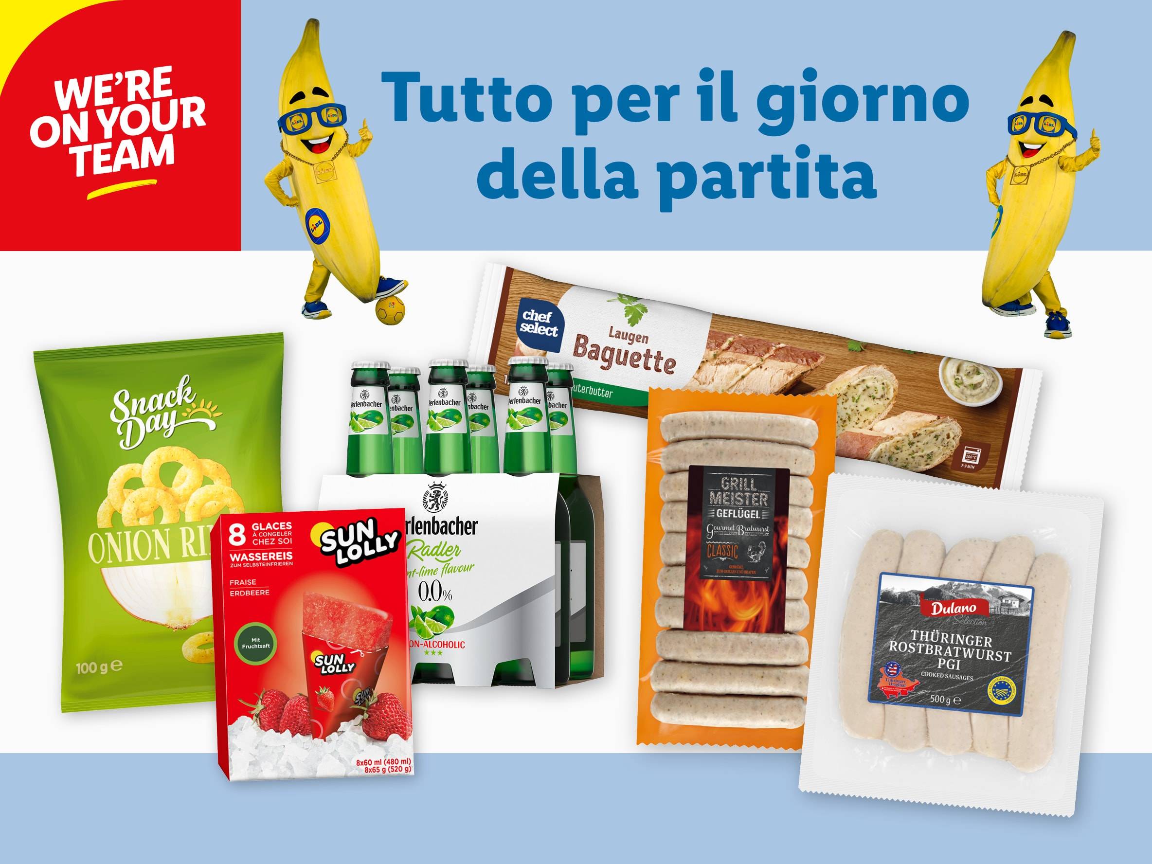 Lidl propone prodotti per la giornata della partita: salsicce, baguette, birra analcolica e snack.