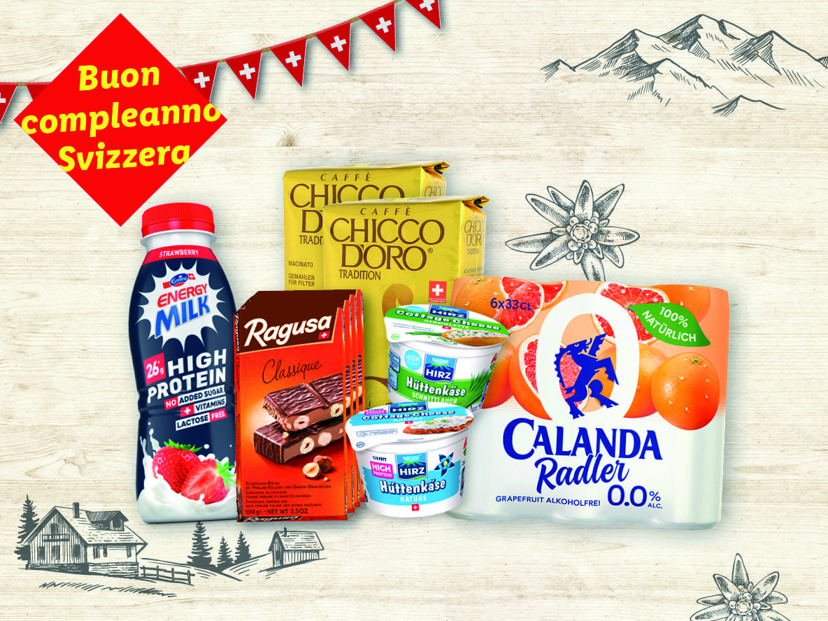 Prodotti svizzeri: Latte Energy Milk, cioccolato Ragusa, caffè Chicco d'Oro, formaggio Hirz e Calanda Radler.