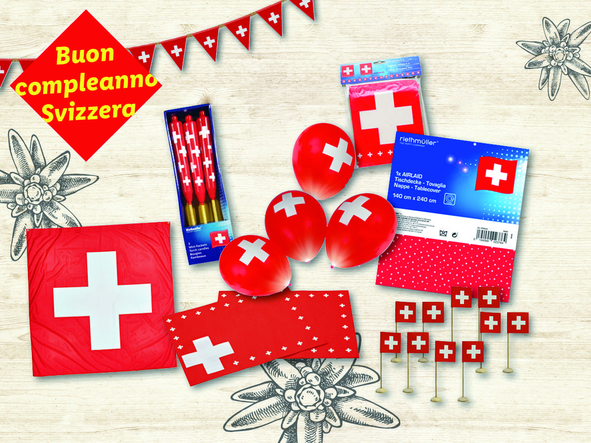Decorazioni per festa di compleanno svizzera con tovaglia Riethmüller e altri articoli.