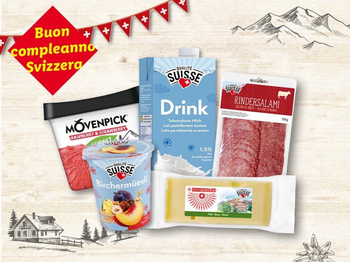 Prodotti svizzeri: gelato Mövenpick, yogurt, salame e formaggio.