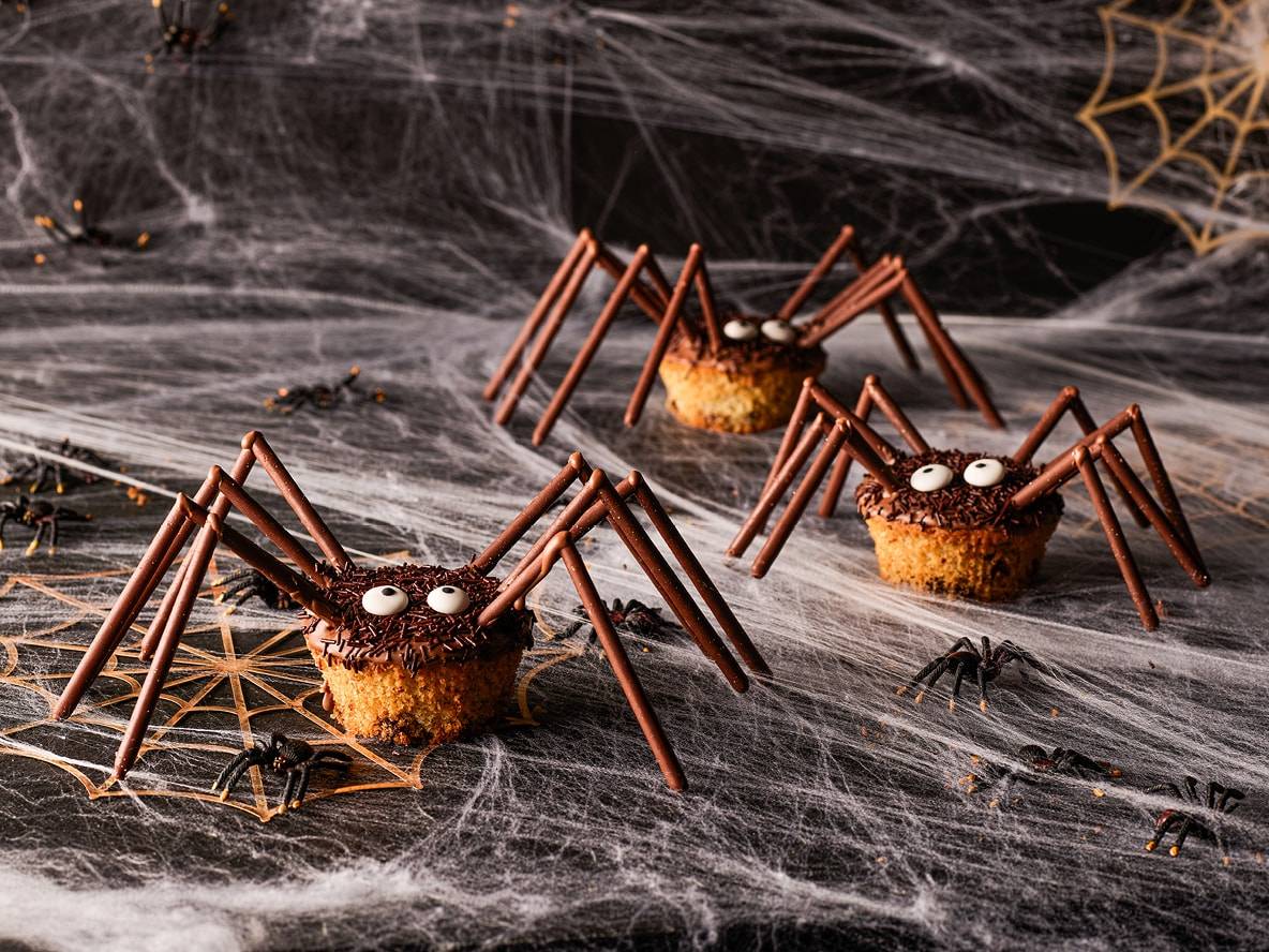 Cupcakes araignées d'Halloween avec des pépites de chocolat et des yeux en sucre sur une toile d'araignée.
