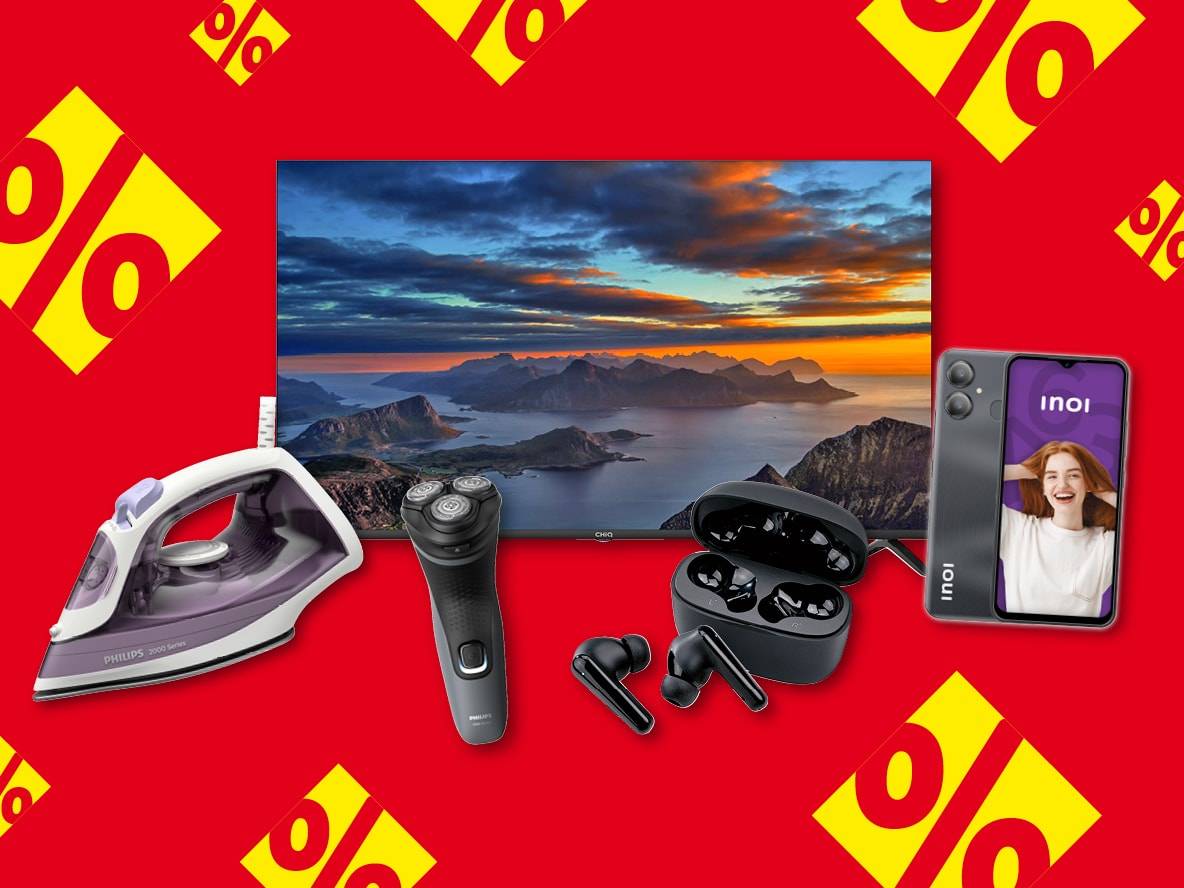 Elektronik und Kleingeräte im Angebot: Fernseher, Inoi Smartphone, Philips Rasierer, Philips Bügeleisen, Kopfhörer.