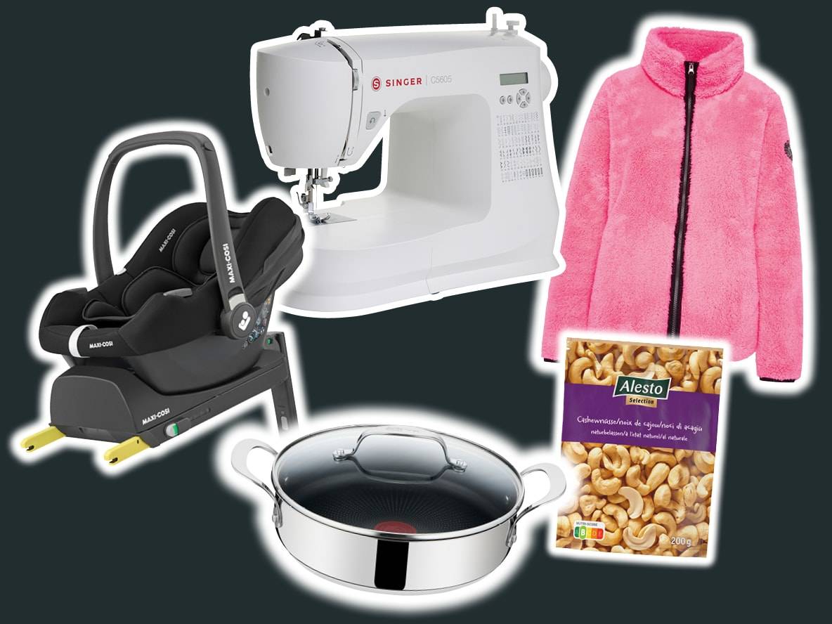 Maxi-Cosi Kindersitz, Singer Nähmaschine, pinke Fleecejacke, Pfanne und Alesto Cashewkerne.