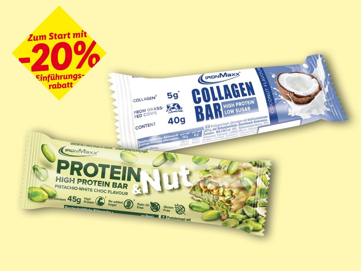 IronMaxx Collagen- und Proteinriegel, mit 20% Einführungsrabatt.