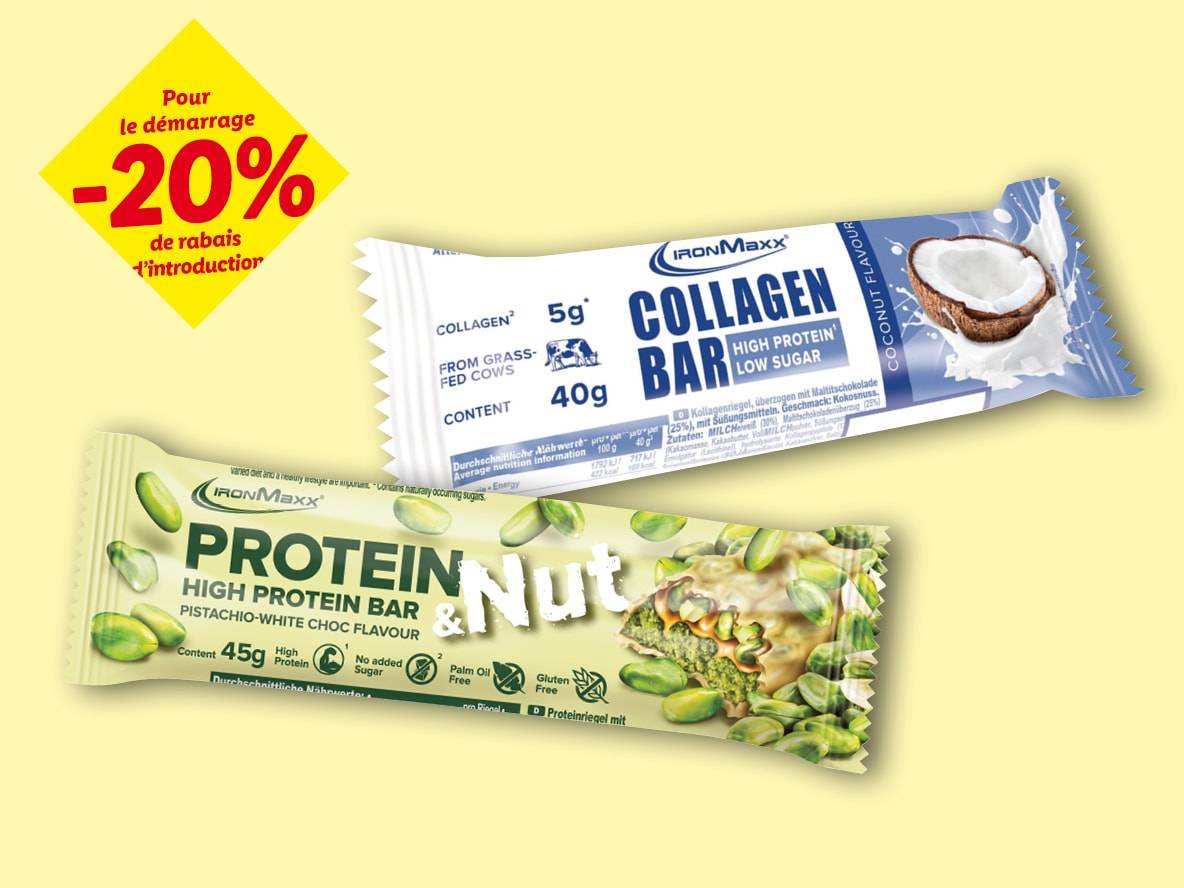 Barres protéinées IronMaxx Collagen et Protein, avec une réduction de 20%.