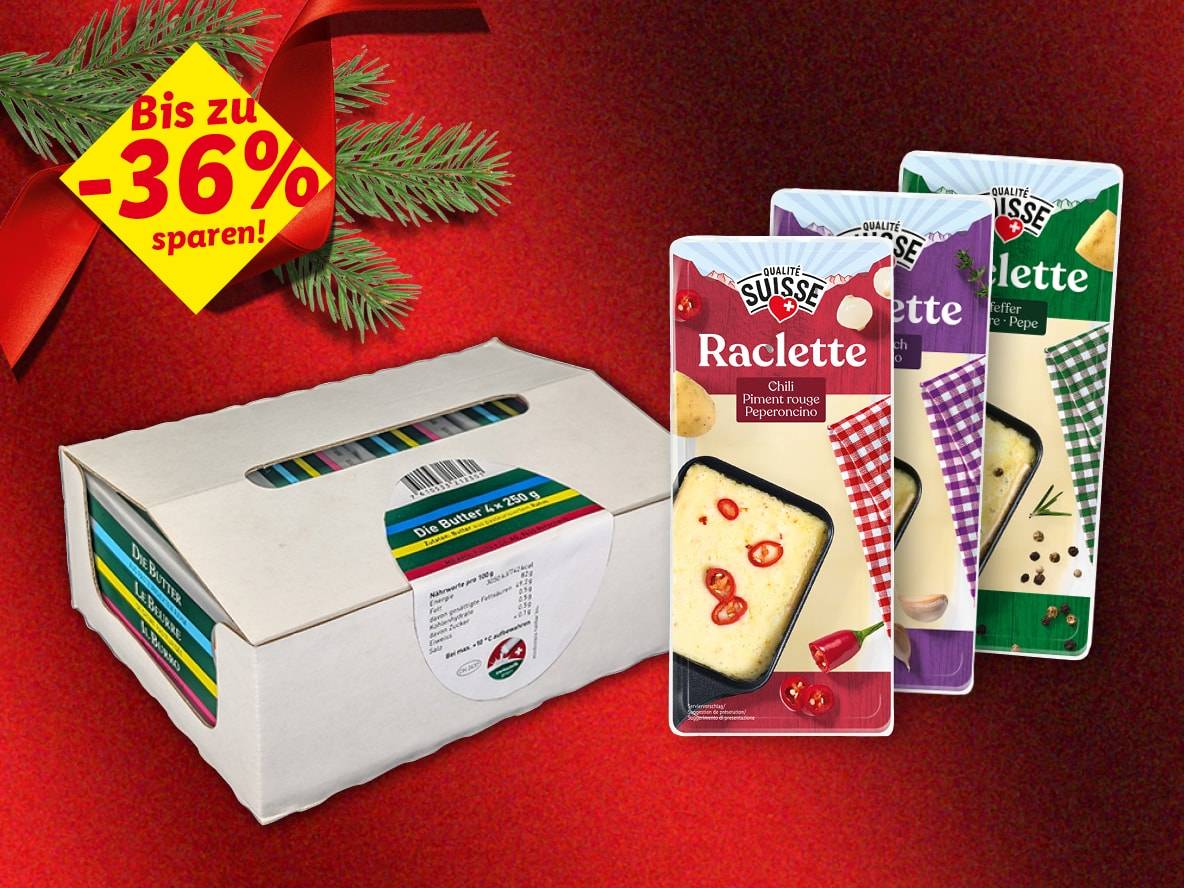 Raclette-Käse und Butter mit einem „bis zu 36% sparen“-Angebot, festlicher Hintergrund.