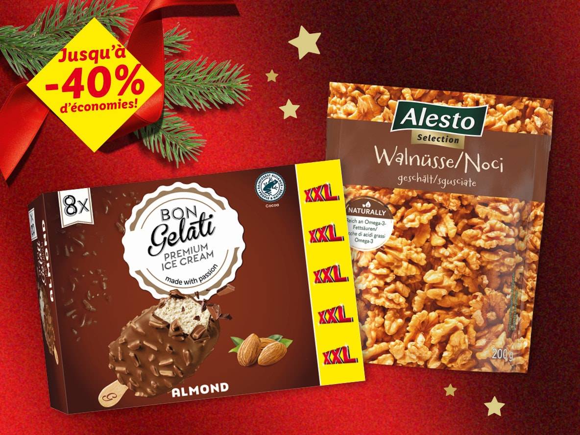 Boîte de glaces Bon Gelati à l'amande et sachet de noix Alesto, avec une offre de -40%.