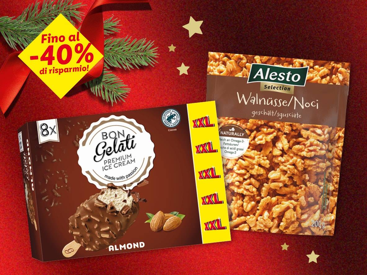 Pubblicità natalizia per gelati Bon Gelati e noci Alesto con uno sconto fino al 40%.