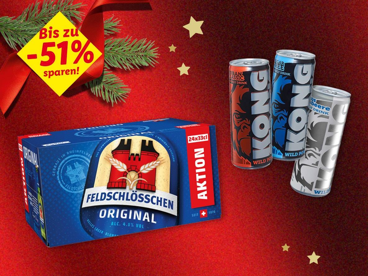 Feldschlösschen Biere und Kong Energy Drinks mit 51% Rabatt auf weihnachtlichem Hintergrund.