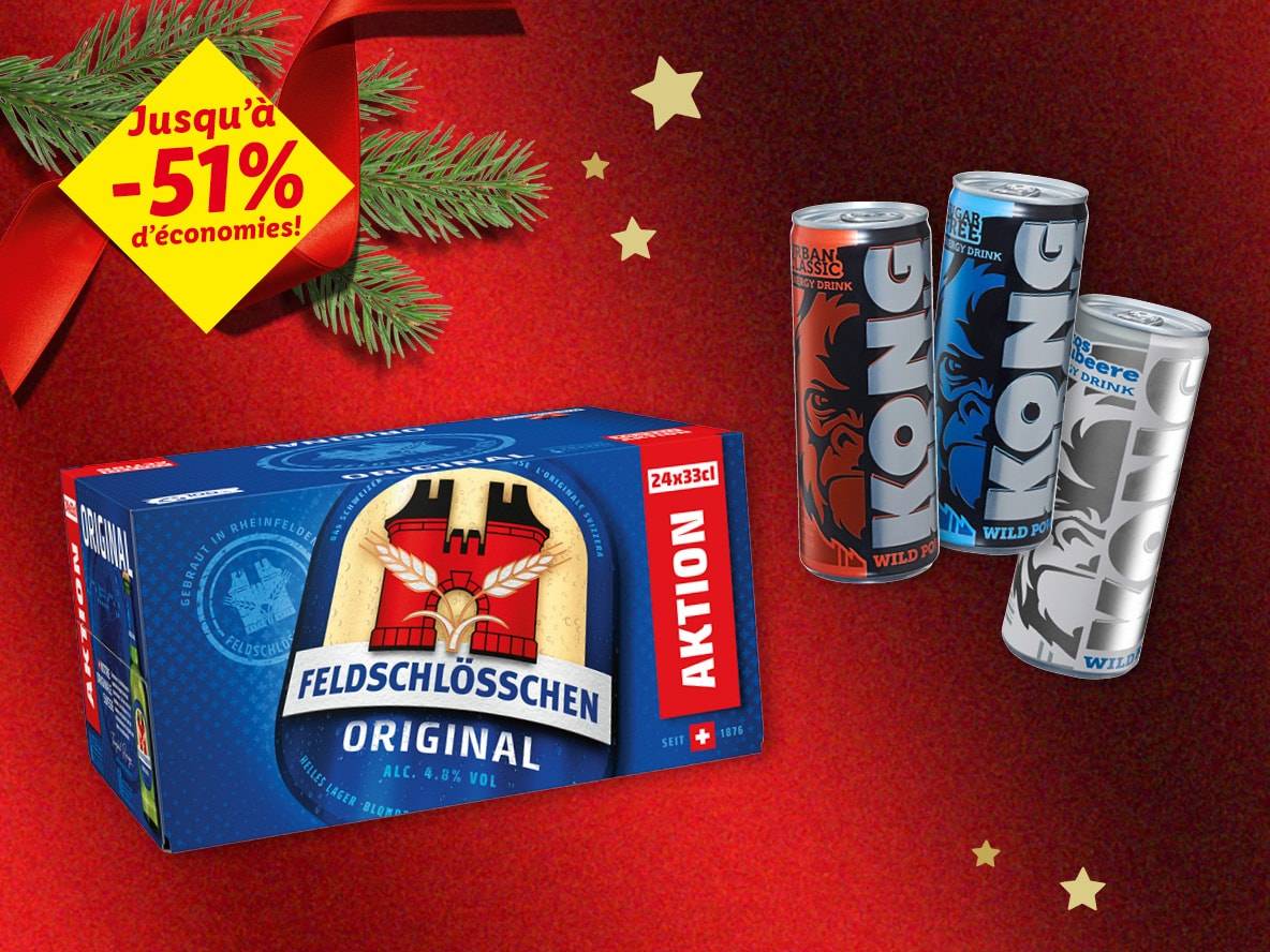 Bières Feldschlösschen et boissons énergisantes Kong avec jusqu'à -51% de réduction.