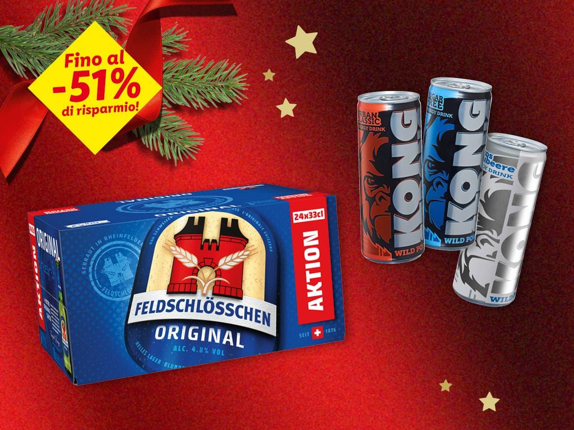 Birre Feldschlösschen Original e bevande energetiche Kong con sconto del 51%.