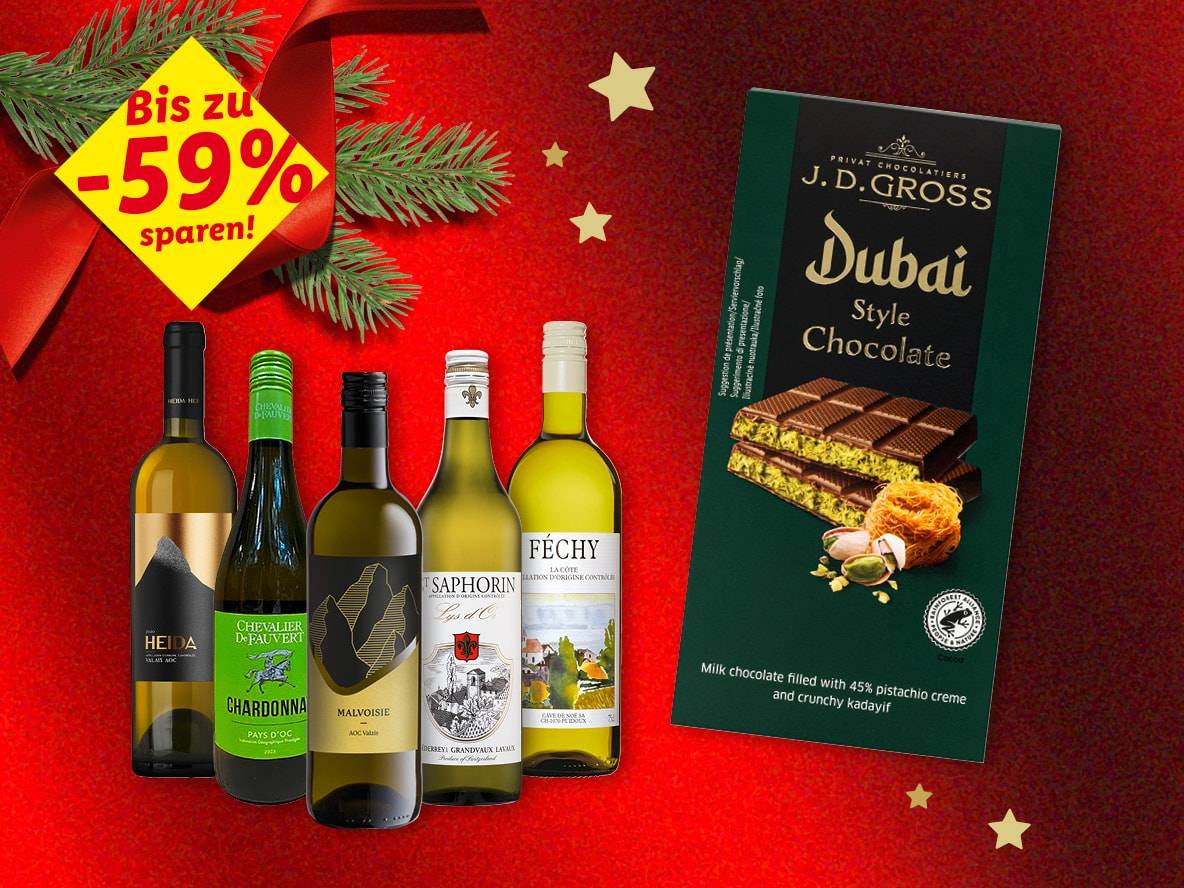 Weihnachtsverkauf mit bis zu 59% Rabatt auf verschiedene Weißweine und J.D. Gross Dubai Style Schokolade.
