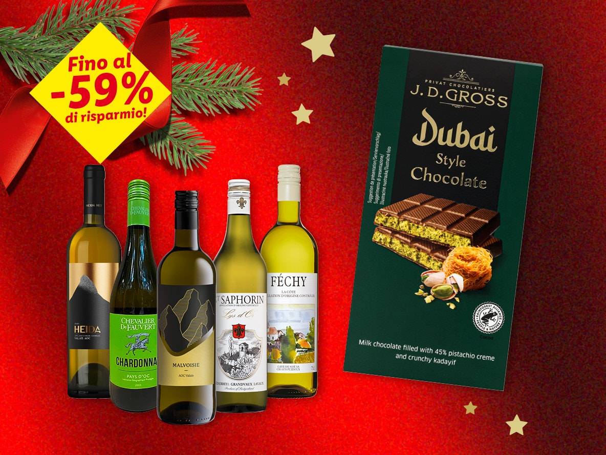 Cioccolato J.D. Gross Dubai e cinque bottiglie di vino bianco con offerta -59%.