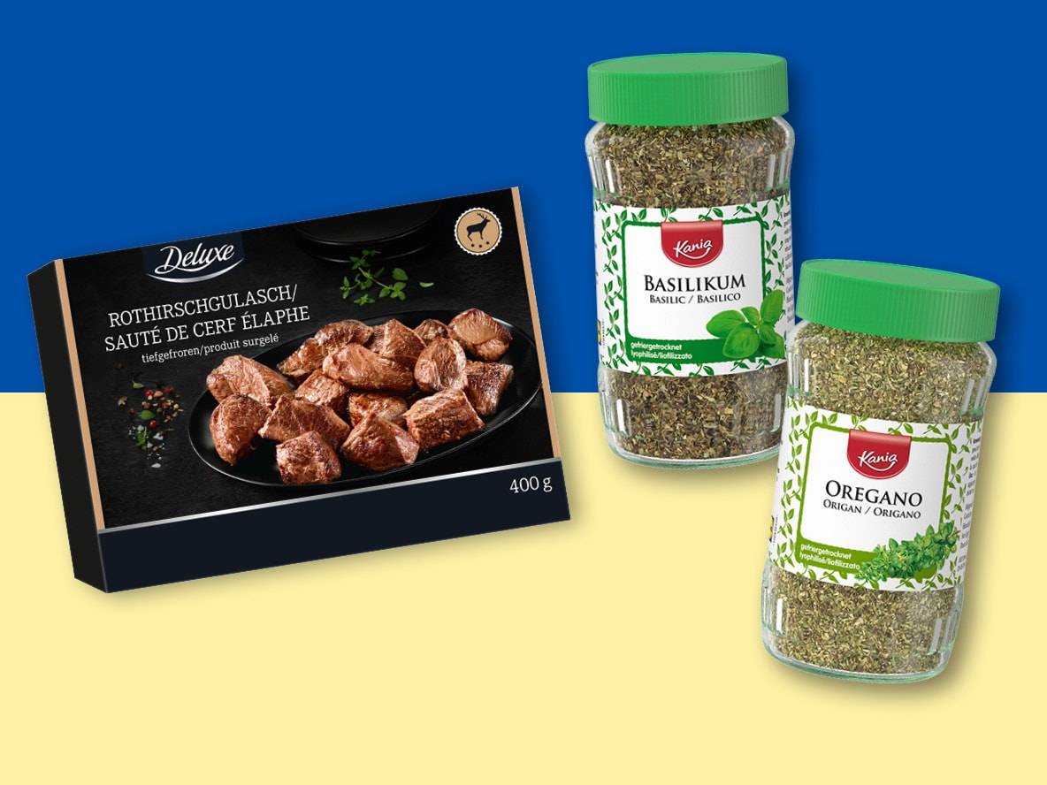 Deluxe Hirschgulasch und Kania Gewürze (Basilikum, Oregano) auf blau-gelbem Hintergrund.