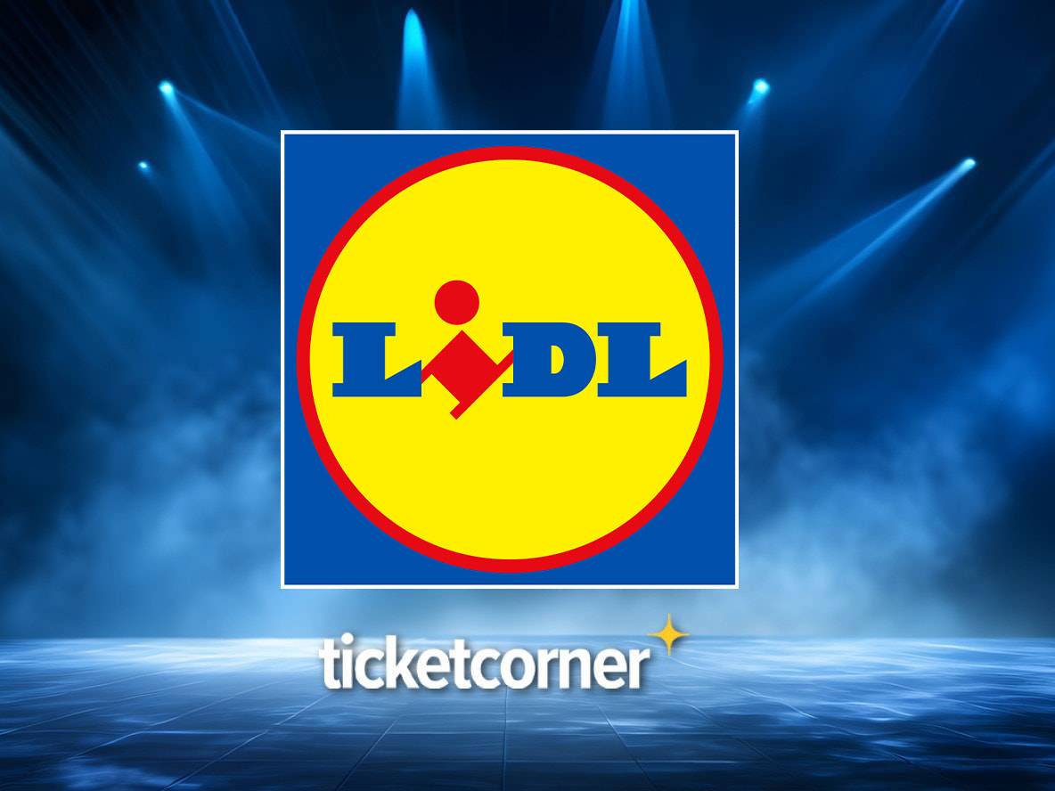 Logo Lidl sur fond de scène éclairée, avec le texte 'ticketcorner' en bas.