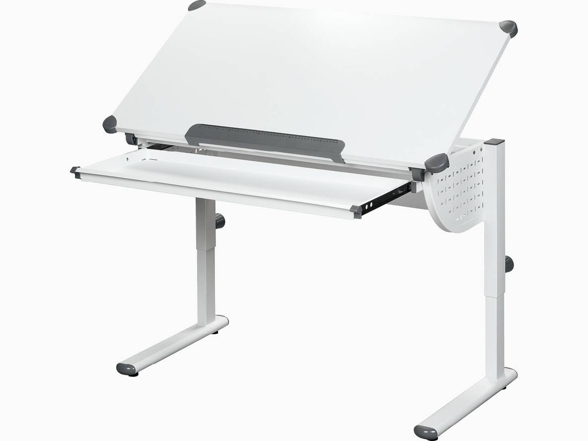 Höhenverstellbarer Schreibtisch mit Schublade und weißer Platte.