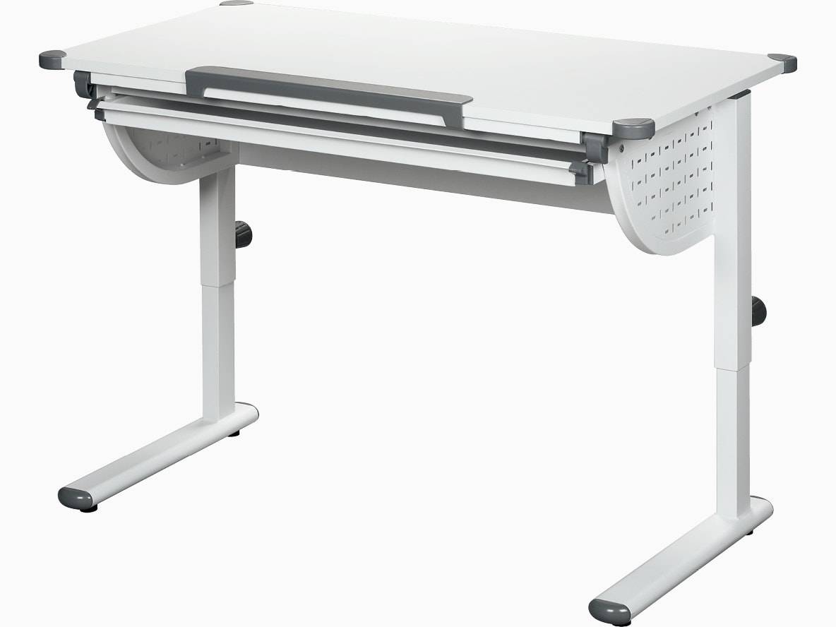Höhenverstellbarer Schreibtisch mit Schubladen.