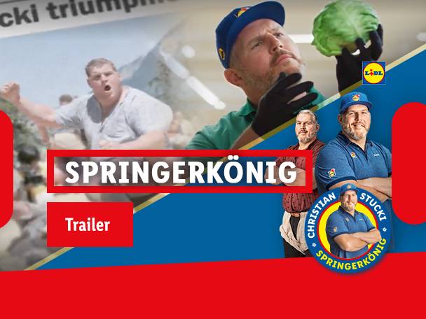 Mann in Sportkleidung mit Mütze, Kohl und Text „SPRINGERKÖNIG“ und „Trailer“.