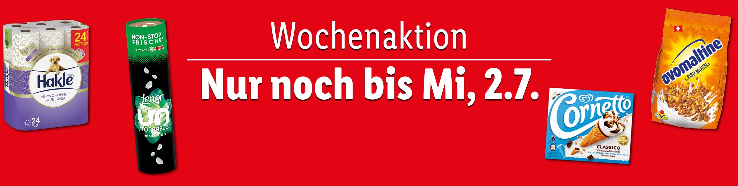 Wochenaktion: Hakle Toilettenpapier, Lenor Duftspüler, Cornetto Eis und Ovomaltine Müsli bis Mi, 2.7.