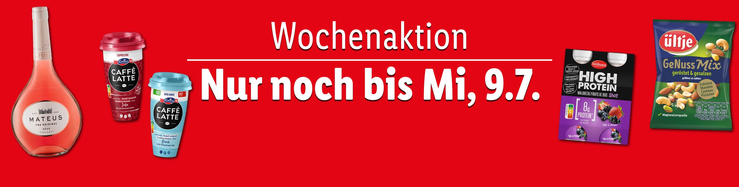 Mateus Rosé Wein, caffè latte, Milbona High Protein Shots und Ültje Genuss Mix im Wochenangebot bis Mi, 9.7.