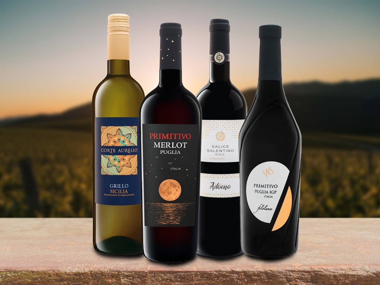 Vier Flaschen italienischer Wein, darunter Primitivo Merlot und Grillo Sicilia, auf einem Holztisch mit Weinberg im Hintergrund.